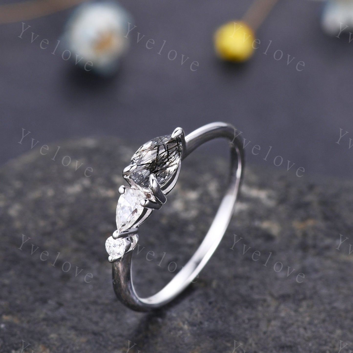 Vintage Black Rutilated Quartz  Engagement Ring,Pear Cut Gems,Art Deco Moissanite Wedding Band,3 Stone Unique Women Bridal Promise Ring Gift