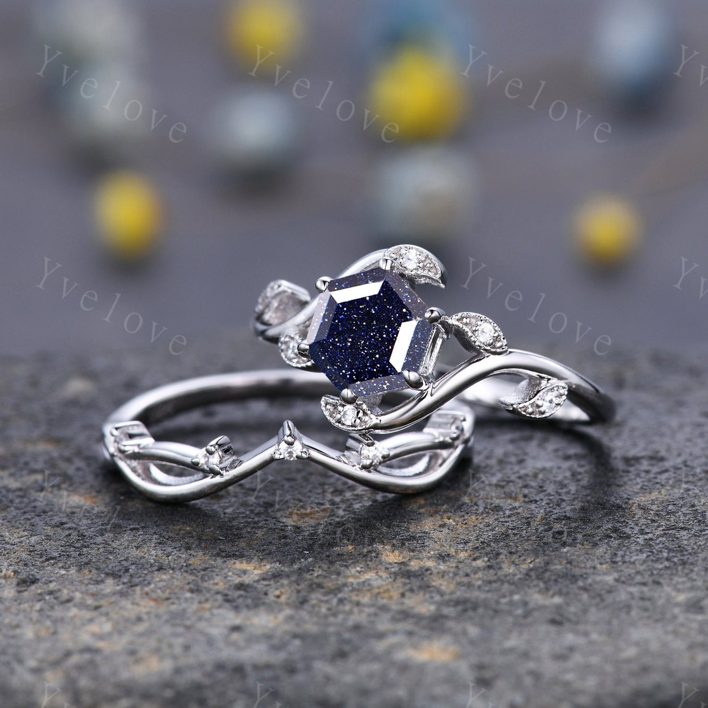 Retro hexagon Blue Sandstone Ring,Vintage Sterling Silver Ring,Unique Sandstone Engagement Ring,Promise Ring,Anniversary Bridal Ring Gift