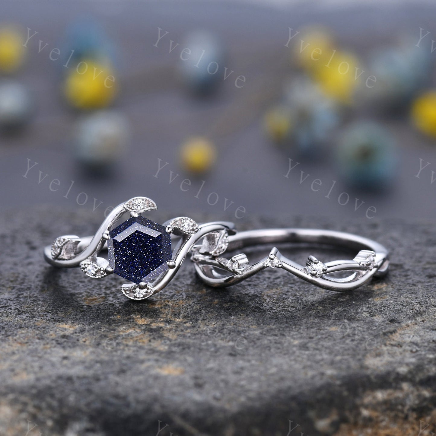 Retro hexagon Blue Sandstone Ring,Vintage Sterling Silver Ring,Unique Sandstone Engagement Ring,Promise Ring,Anniversary Bridal Ring Gift