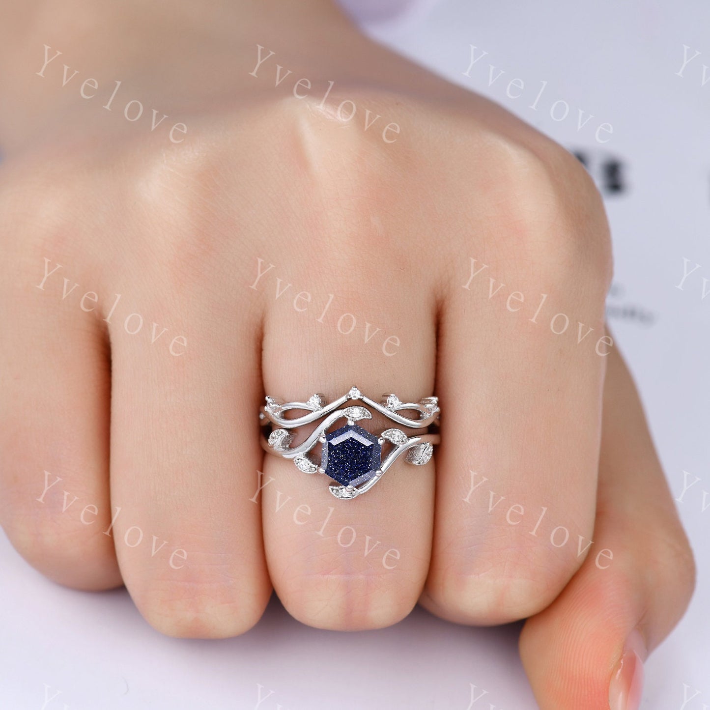 Retro hexagon Blue Sandstone Ring,Vintage Sterling Silver Ring,Unique Sandstone Engagement Ring,Promise Ring,Anniversary Bridal Ring Gift