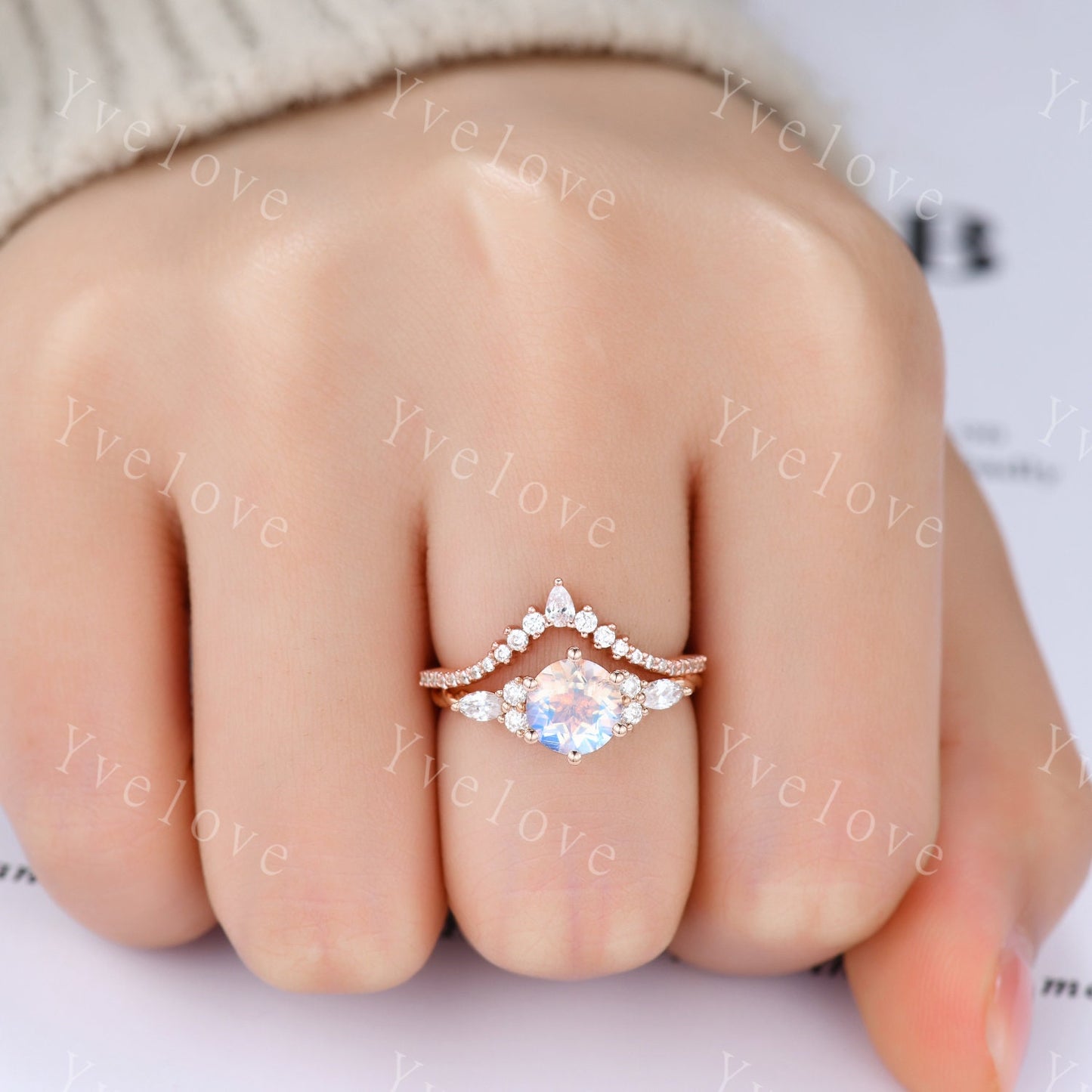 Vintage Moonstone Engagement Ring,Round Shape Moonstone Bridal Set,Twisted V Curved Diamond Stacking Band,Solid Gold,Women Ring Gift For Her