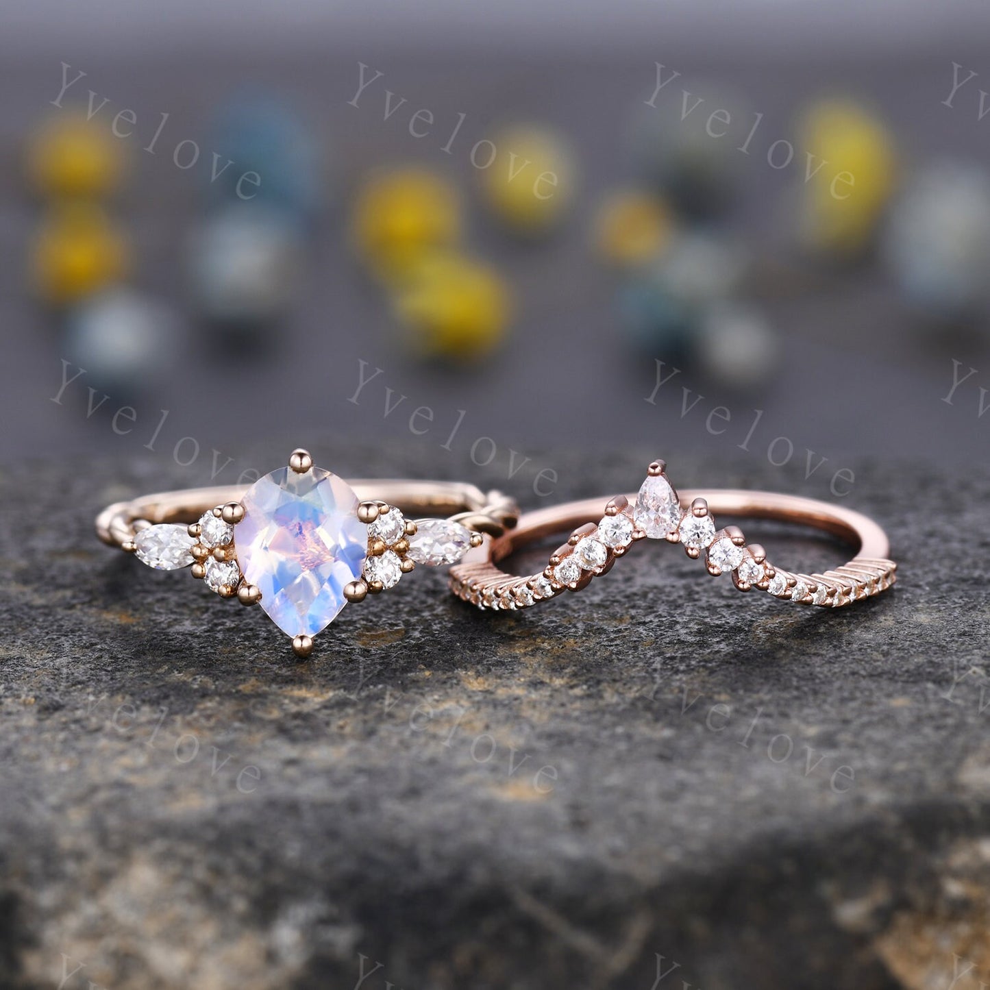 Vintage Moonstone engagement ring set,Pear cut ring art deco diamond women ring,twisted band,Rose gold promise ring anniversary bridal ring