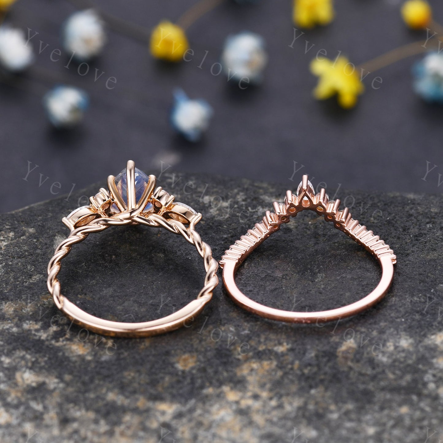 Vintage Moonstone engagement ring set,Pear cut ring art deco diamond women ring,twisted band,Rose gold promise ring anniversary bridal ring