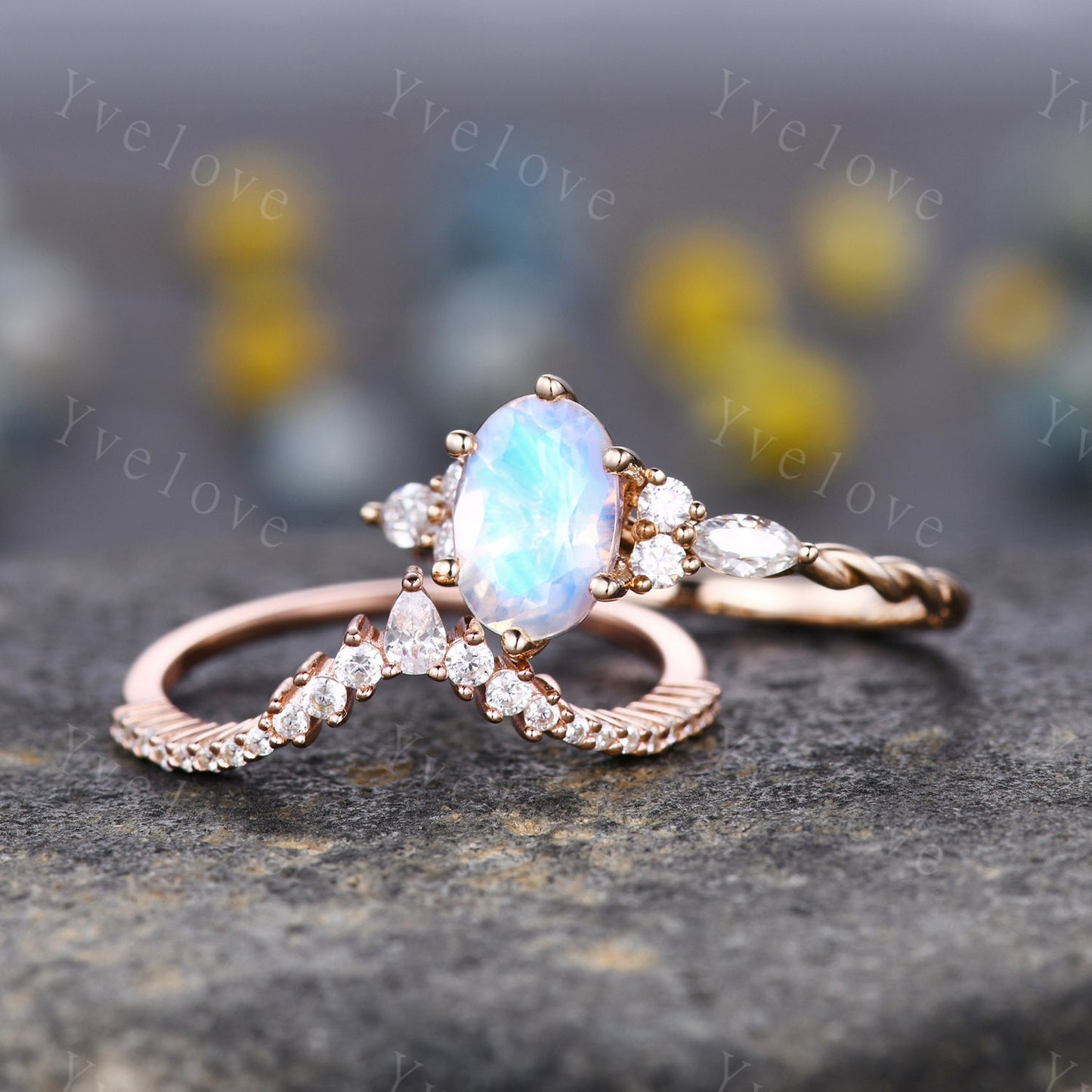 Vintage Moonstone engagement ring set oval cut ring art deco diamond women ring,Rose gold danity promise ring anniversary bridal ring gift