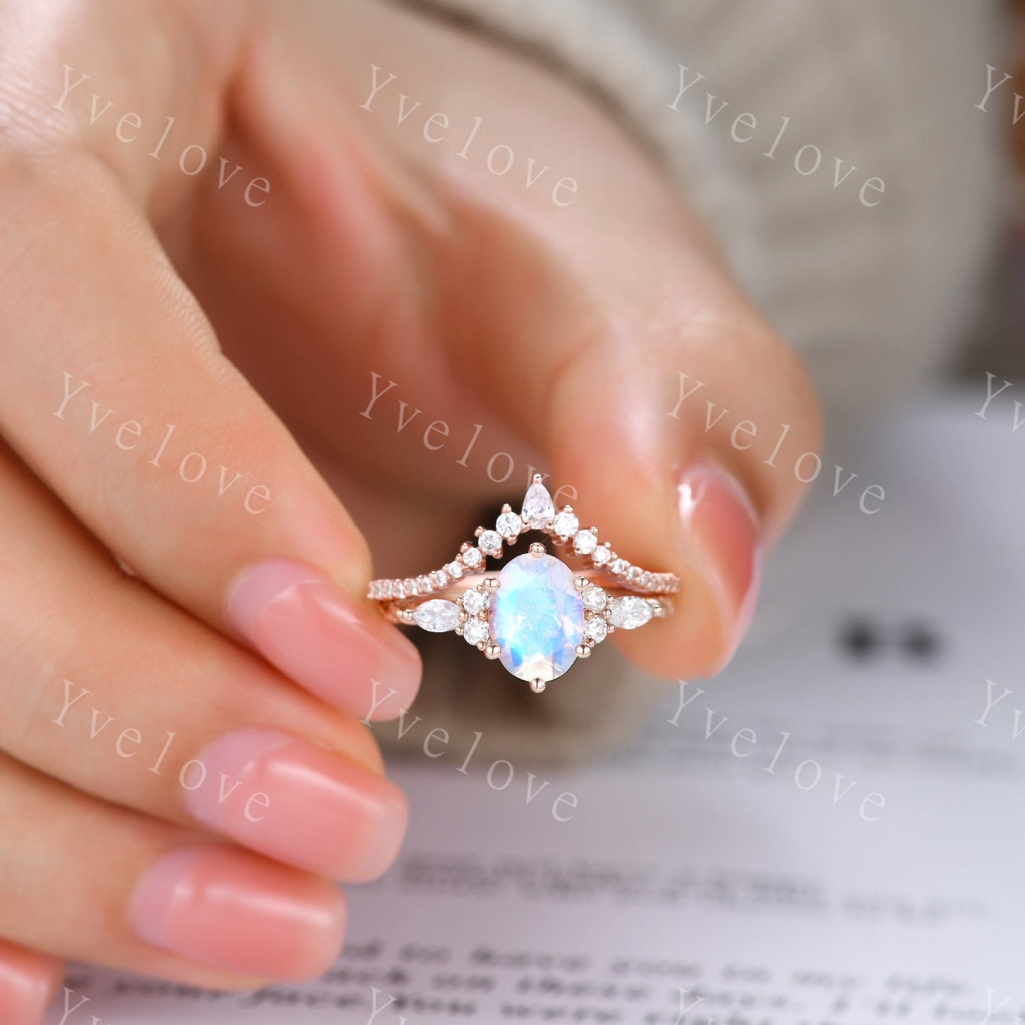 Vintage Moonstone engagement ring set oval cut ring art deco diamond women ring,Rose gold danity promise ring anniversary bridal ring gift