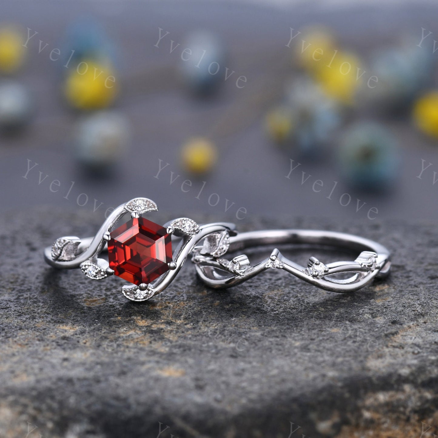 Vintage hexagon Red Garnet Ring,Vintage Sterling Silver Ring Set,Unique Garnet Engagement Ring,Twist Twig Vine Ring,Anniversary Ring Gift
