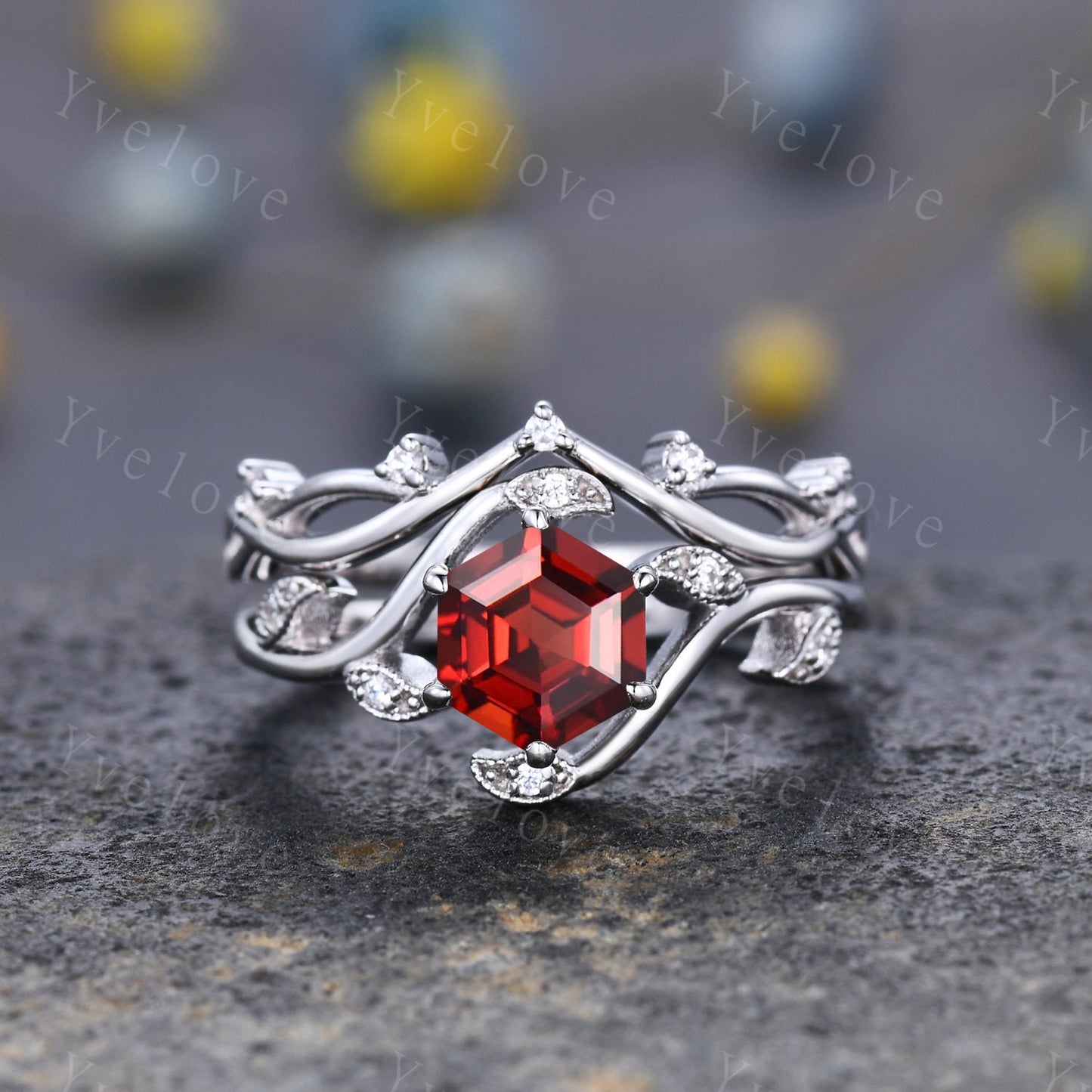 Vintage hexagon Red Garnet Ring,Vintage Sterling Silver Ring Set,Unique Garnet Engagement Ring,Twist Twig Vine Ring,Anniversary Ring Gift