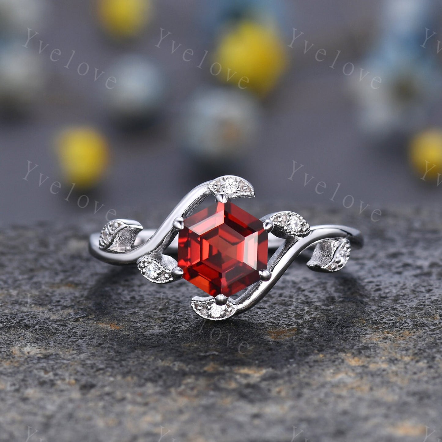 Vintage hexagon Red Garnet Ring,Vintage Sterling Silver Ring Set,Unique Garnet Engagement Ring,Twist Twig Vine Ring,Anniversary Ring Gift