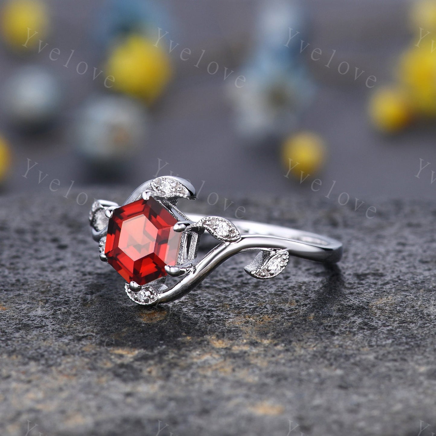 Vintage hexagon Red Garnet Ring,Vintage Sterling Silver Ring Set,Unique Garnet Engagement Ring,Twist Twig Vine Ring,Anniversary Ring Gift