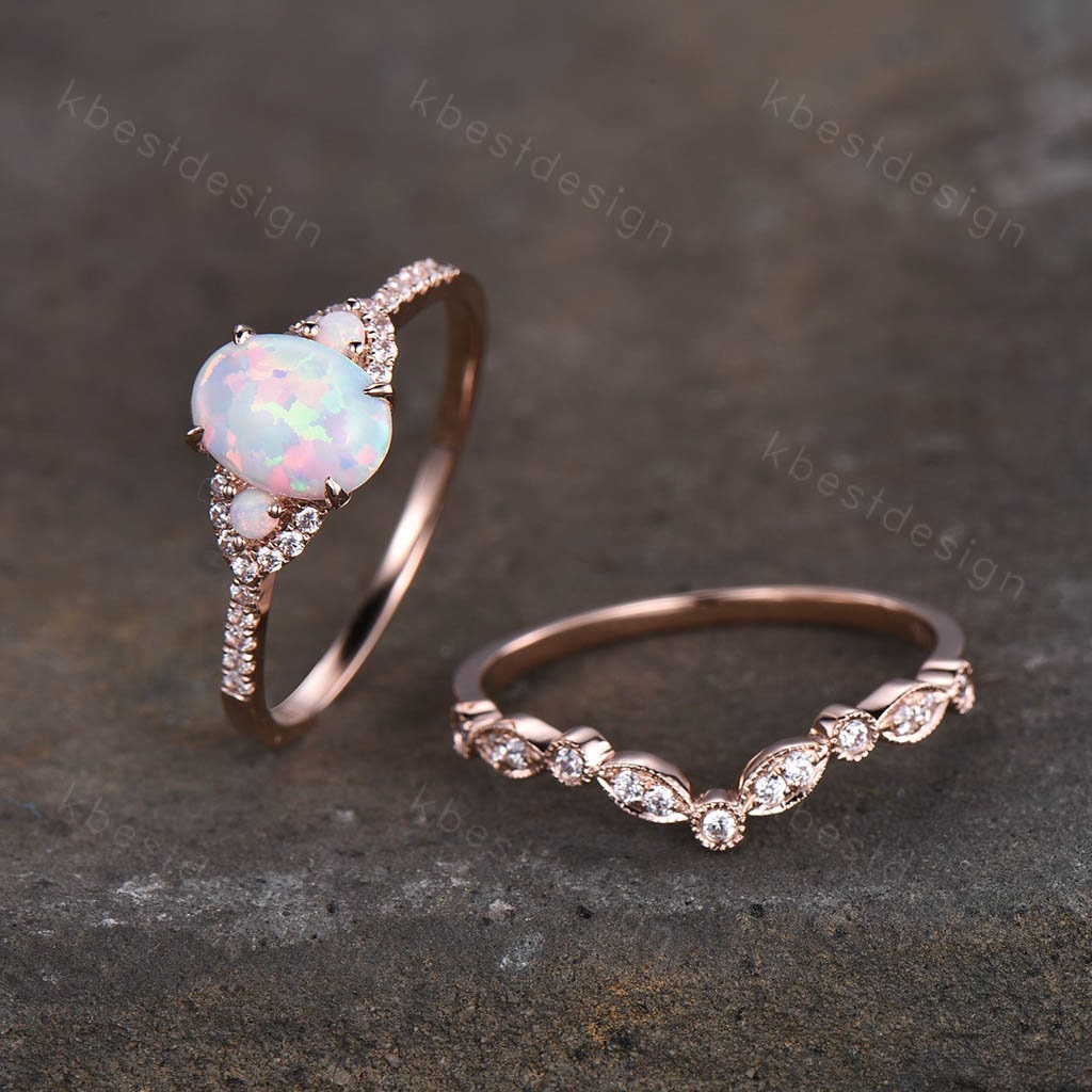 White Opal Engagement Ring Set, Rose Gold Rings for Women, Art Deco Stacking Band, Oval Cut Bridal Set, Unique Curved Wedding Band, Handmade