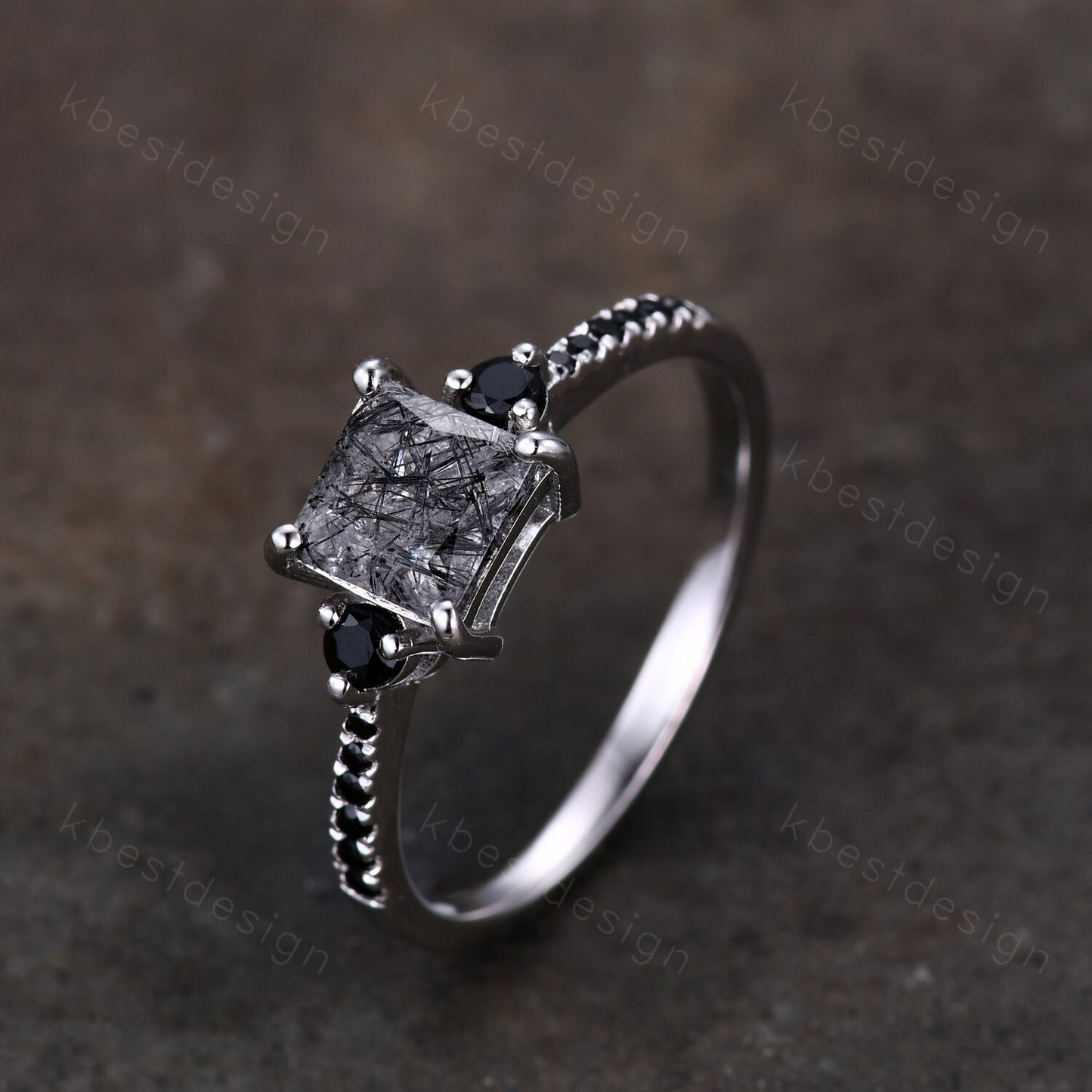 Princess Cut Natural Black Rutilated Quartz Engagement Ring Unique Black Spinel Ring Solid 14K Yellow Ring Three stone ring Promise Ring