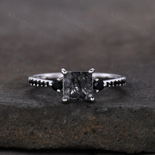 Princess Cut Natural Black Rutilated Quartz Engagement Ring Unique Black Spinel Ring Sterling Silver Ring Three stone ring Promise Ring