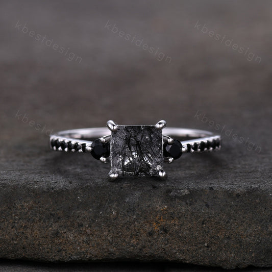 Princess Cut Natural Black Rutilated Quartz Engagement Ring Unique Black Spinel Ring Sterling Silver Ring Three stone ring Promise Ring