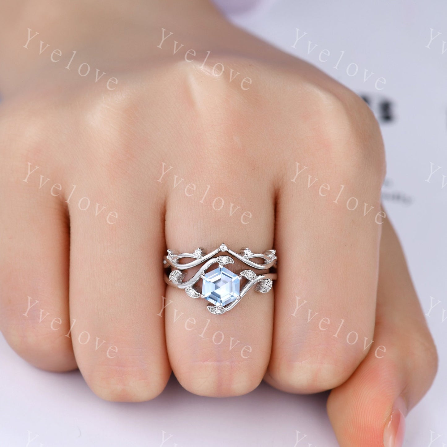 Vintage hexagon cut Aquamarine Ring,Unique Sterling Silver Ring,Retro Aquamarine Engagement Ring,Leaf Ring,Twig Vine Ring,Anniversary Ring