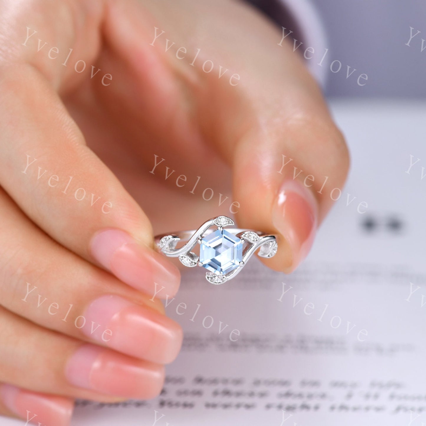 Vintage hexagon cut Aquamarine Ring,Unique Sterling Silver Ring,Retro Aquamarine Engagement Ring,Leaf Ring,Twig Vine Ring,Anniversary Ring