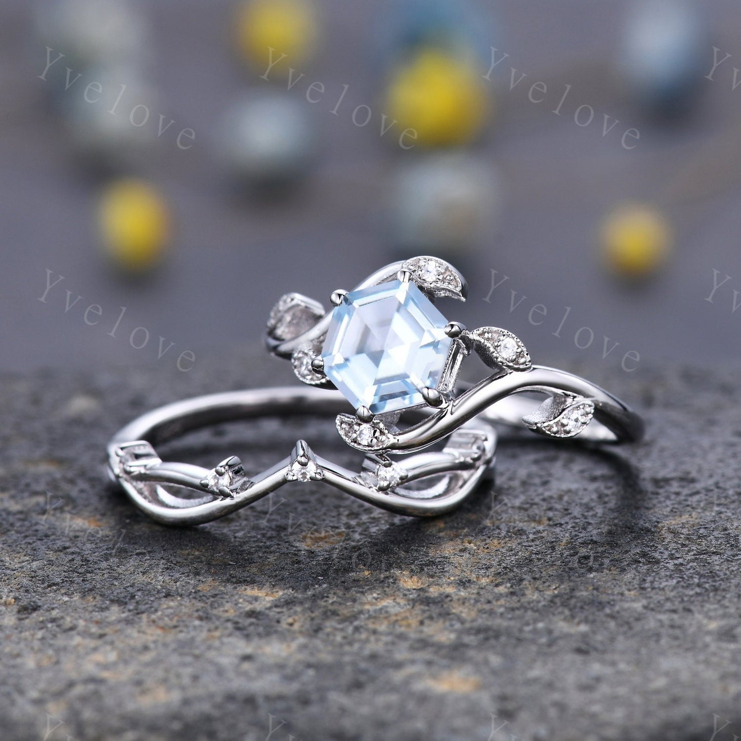 Vintage hexagon cut Aquamarine Ring,Unique Sterling Silver Ring,Retro Aquamarine Engagement Ring,Leaf Ring,Twig Vine Ring,Anniversary Ring