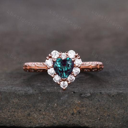 Antique Alexandrite Engagement Ring Rose Gold Heart Shaped Ring Unique Halo Moissanite Ring Art Deco Promise Ring June Birthstone Ring