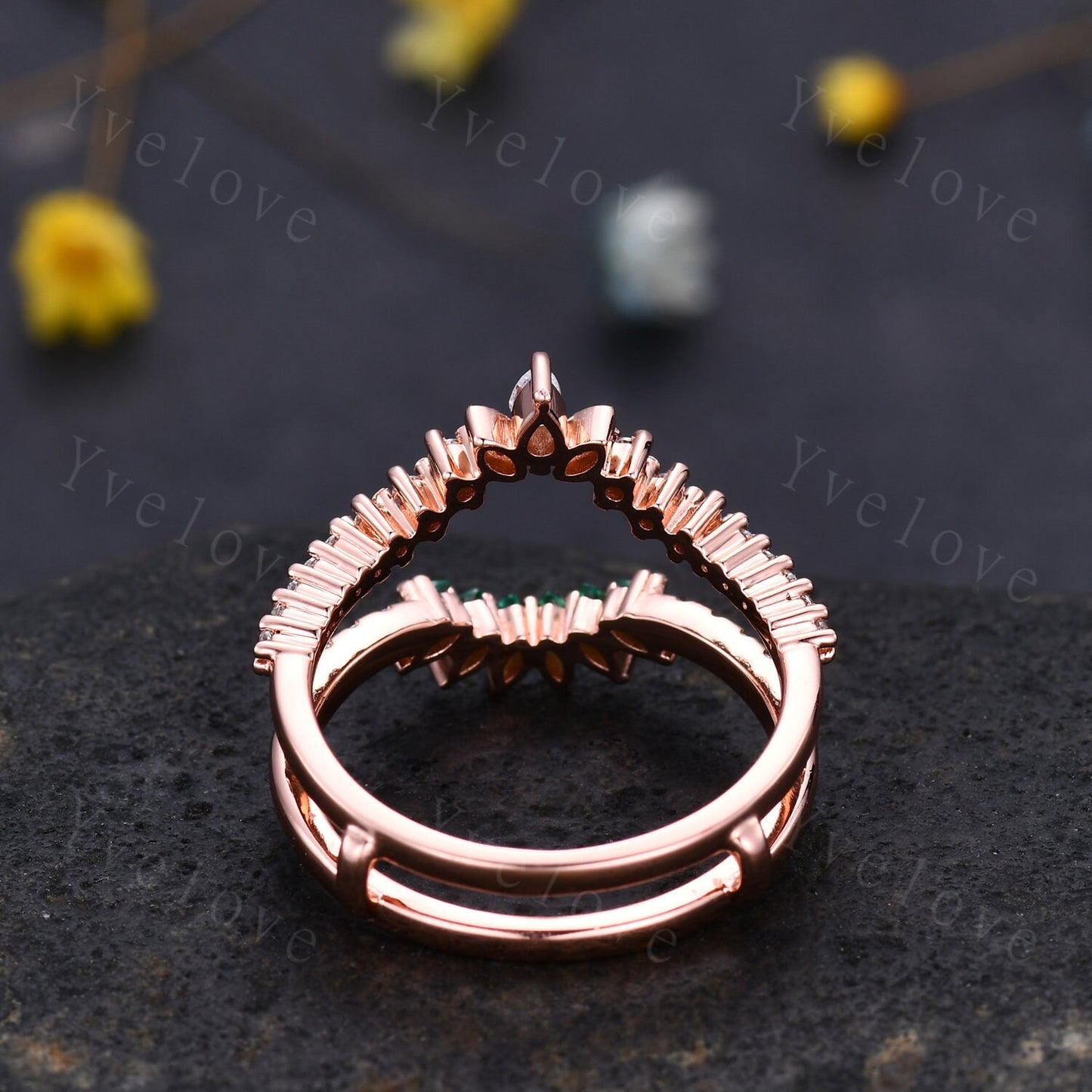 Enhancer Stacking Matching Wedding Band,Marquise Emerald Band,Moissanite Emerald Wedding Ring,Double curved Ring,Rose Gold Bridal Ring Gift