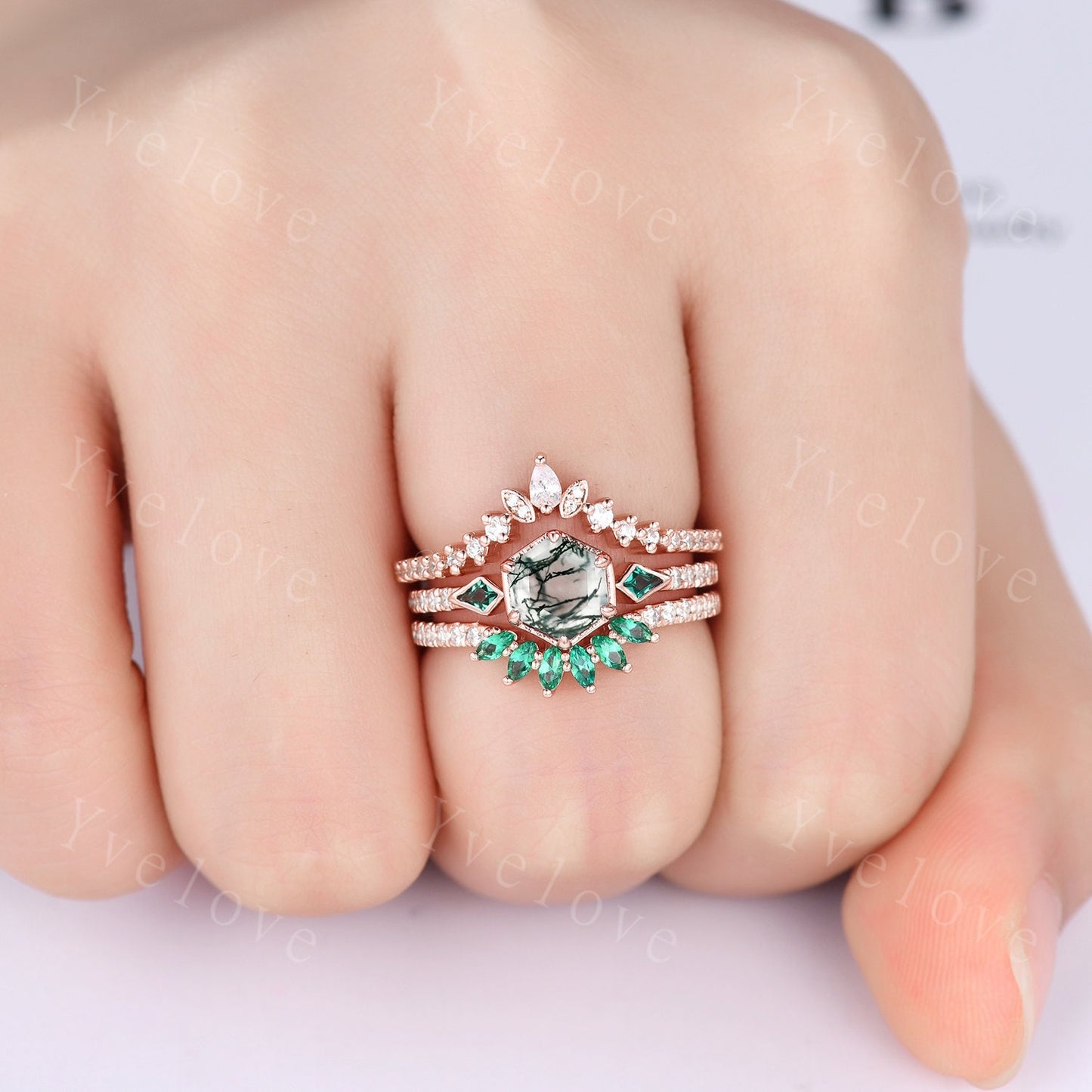 Enhancer Stacking Matching Wedding Band,Marquise Emerald Band,Moissanite Emerald Wedding Ring,Double curved Ring,Rose Gold Bridal Ring Gift