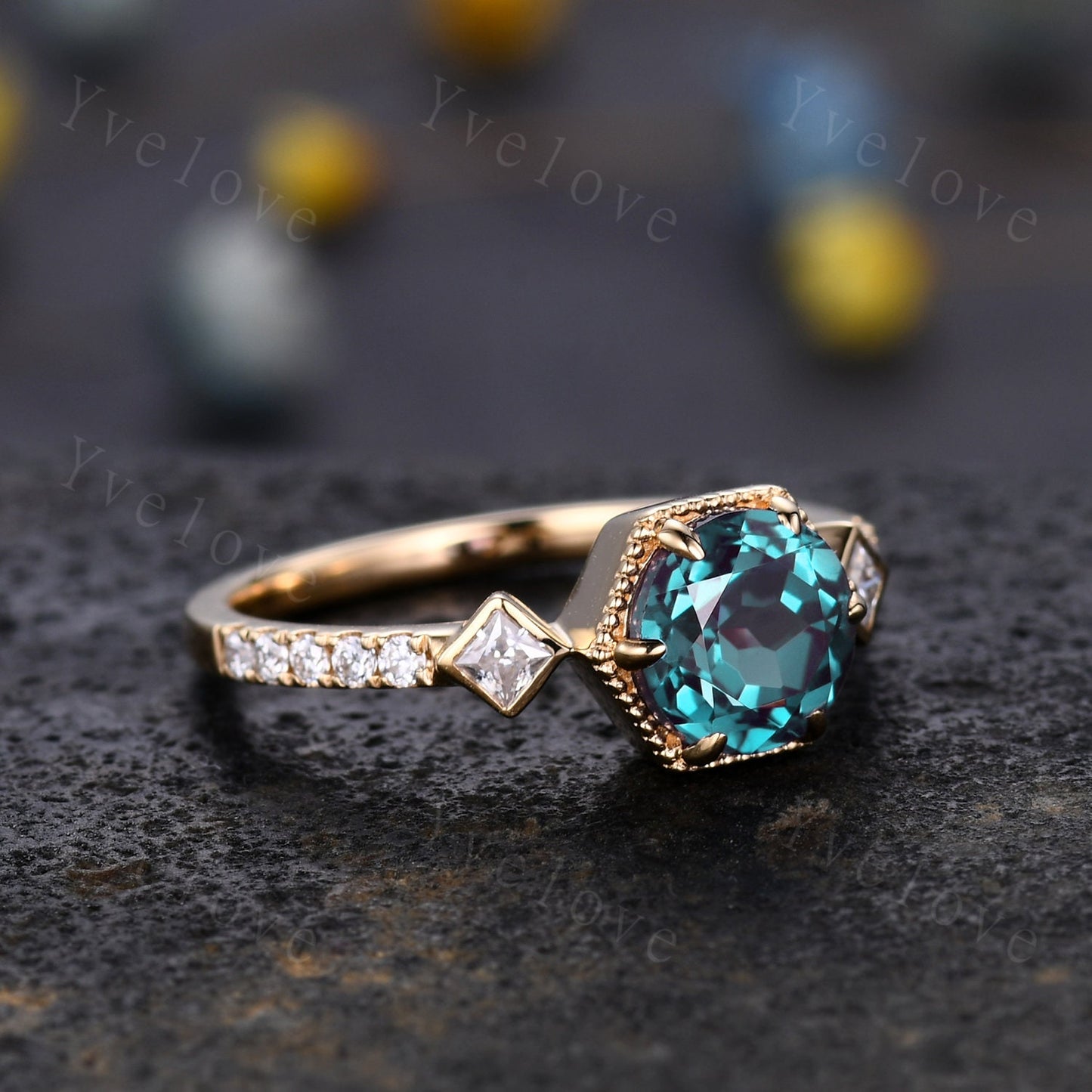 Dainty Alexandrite Engagement Ring,vintage promise ring,Unique Women Bridal Stacking Band 14k Solid Gold Diamond Wedding ring gift for her