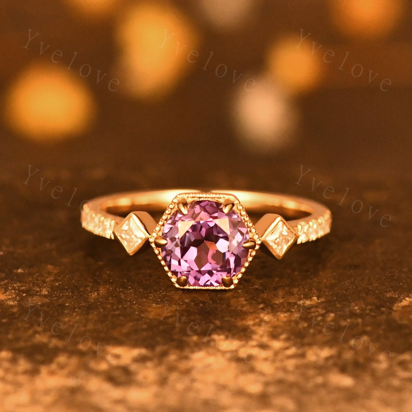 Dainty Alexandrite Engagement Ring,vintage promise ring,Unique Women Bridal Stacking Band 14k Solid Gold Diamond Wedding ring gift for her