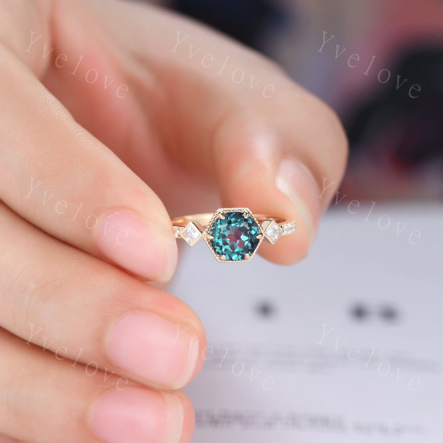 Dainty Alexandrite Engagement Ring,vintage promise ring,Unique Women Bridal Stacking Band 14k Solid Gold Diamond Wedding ring gift for her