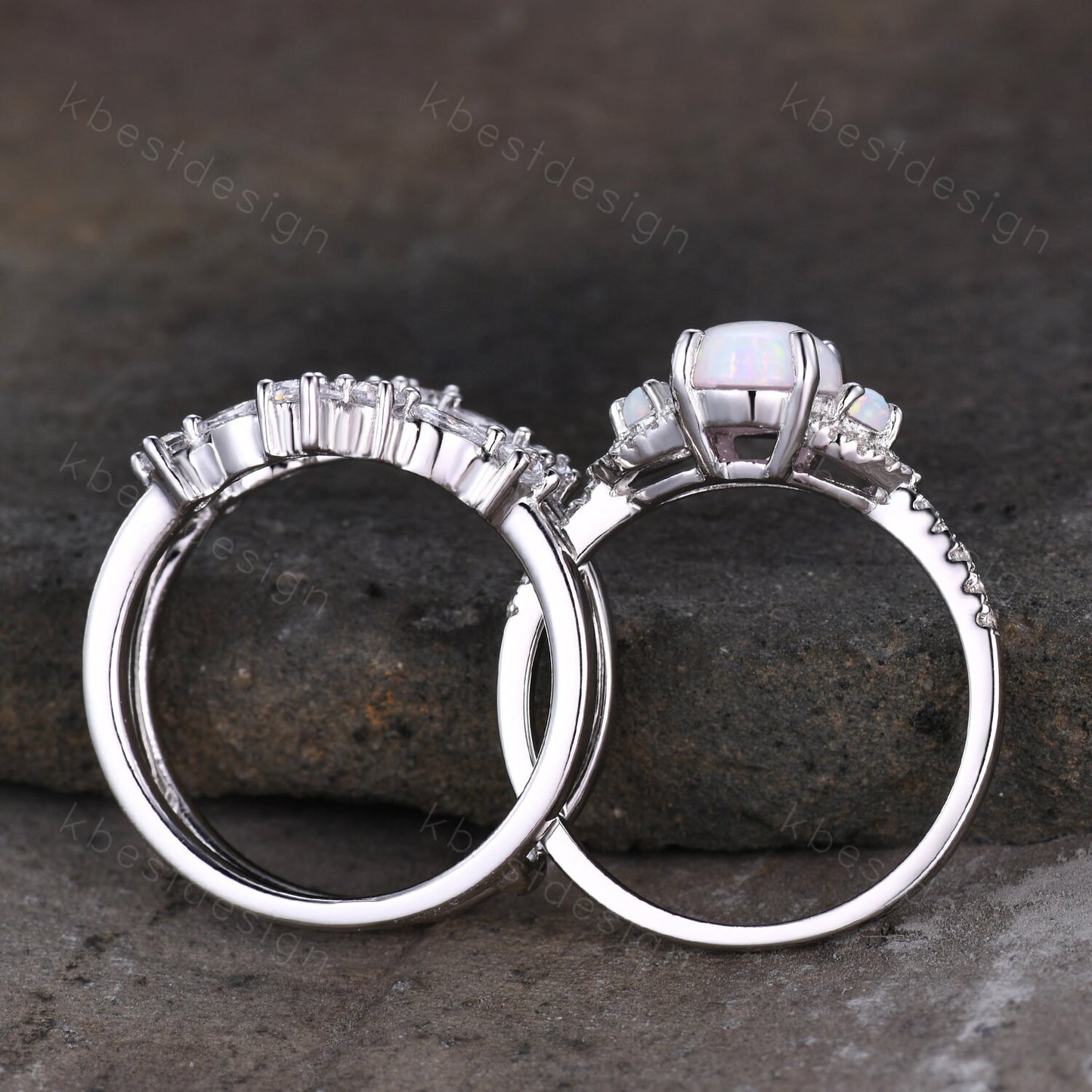 White Opal Engagement Ring Set, Sterling Silver Rings for Women, Art Deco Double Curved Stacking Band, Unique Bridal Wedding Band, Handmade