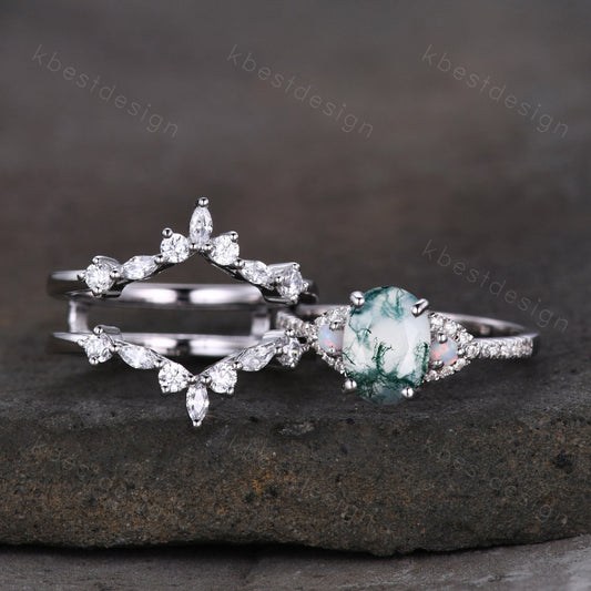 Vintage Moss Agate Engagement Ring Set Oval Engagement Ring Vintage Marquise cut Diamond Cluster ring Unique Bridal Set Promise Gift