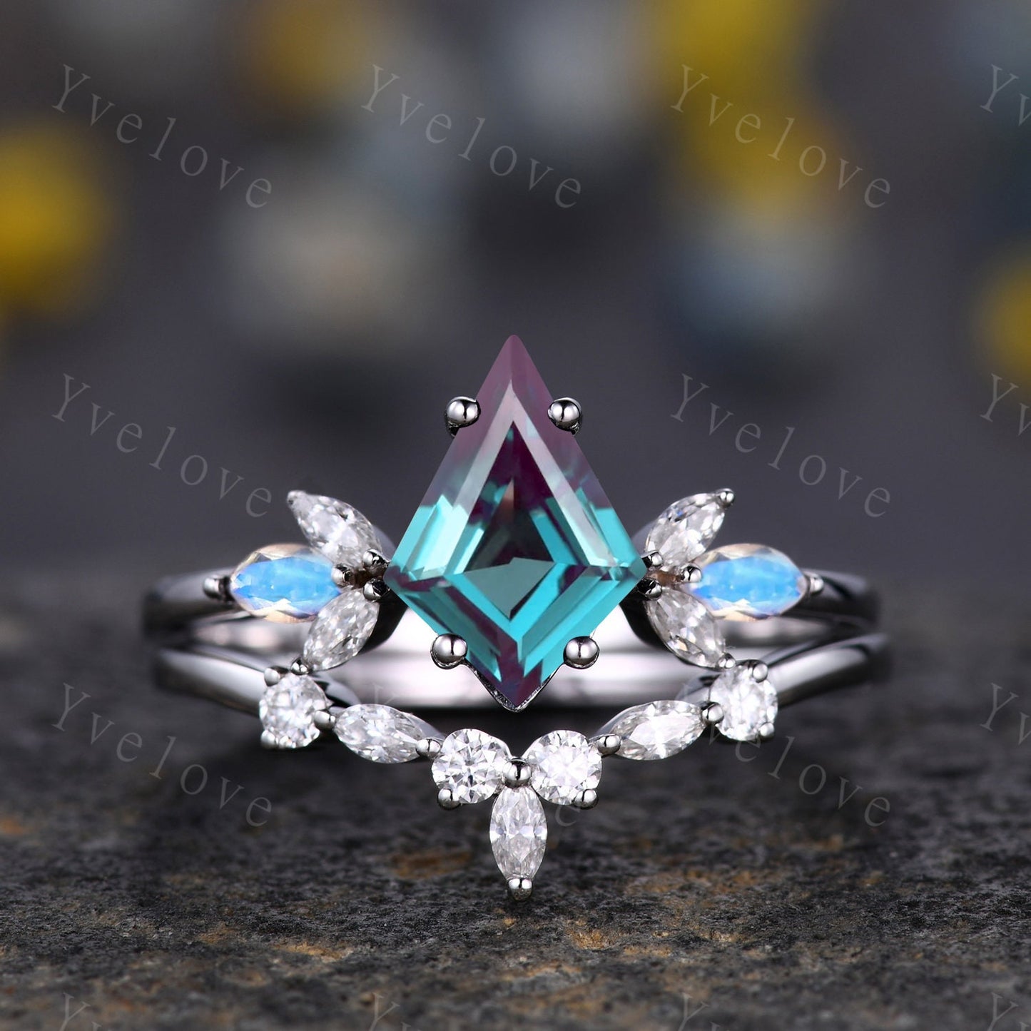 Art Deco Kite Alexandrite Engagement Ring,Unique Bridal Ring,Marquise Moonstone Ring,Moissanite Ring For Women,Rose Gold Band Silver Ring