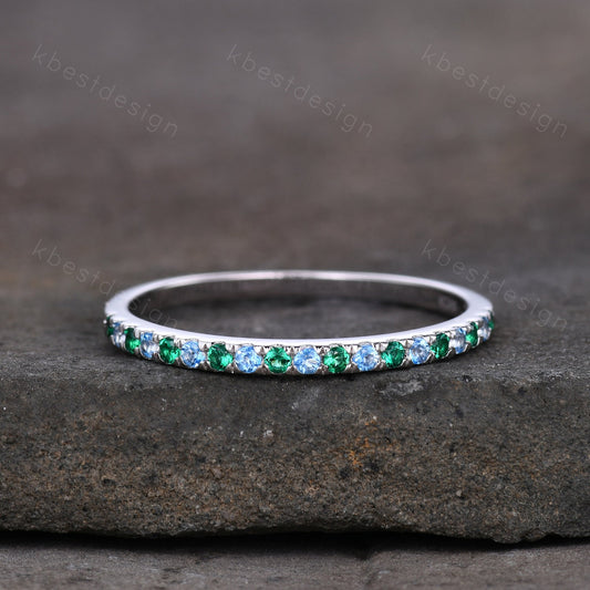 Half Eternity Emerald Blue Topaz Wedding Ring, 925 Sterling Silver Ring, Emerald Pave Wedding Band, Minimalist Ring, Anniversary Gift