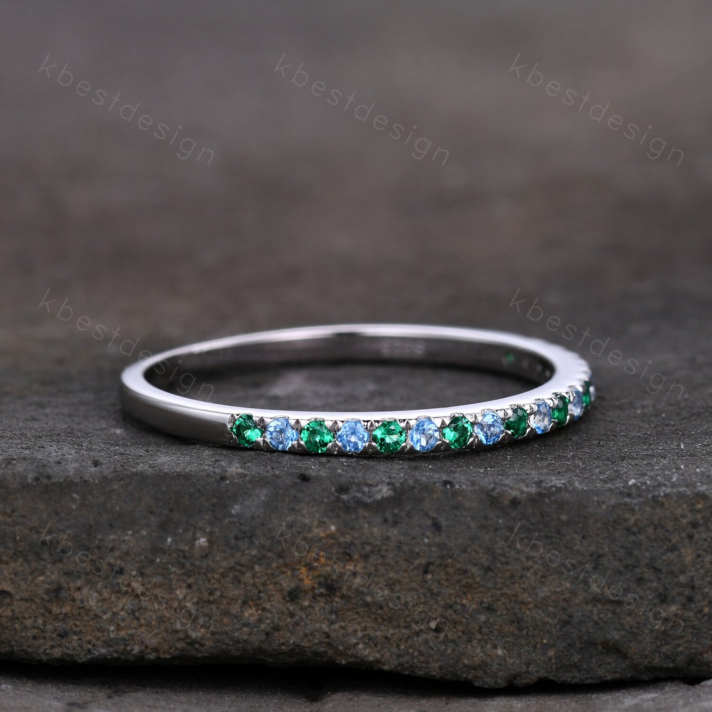 Half Eternity Emerald Blue Topaz Wedding Ring, 925 Sterling Silver Ring, Emerald Pave Wedding Band, Minimalist Ring, Anniversary Gift