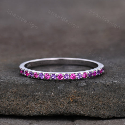 Half Eternity Wedding Band 1.5mm Ruby and Amethyst Wedding Band White Gold Ring July Birthstone Ring Pave Band Minimalist Stacking Band
