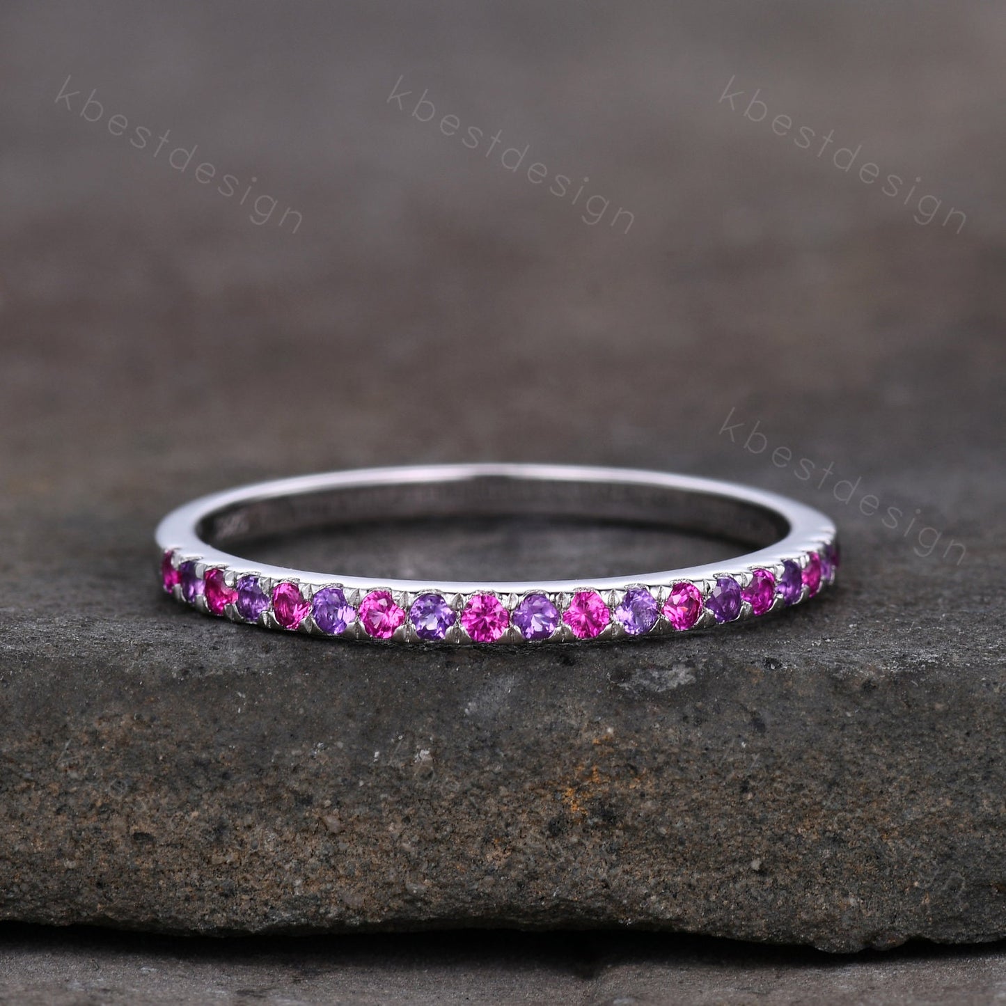 Half Eternity Wedding Band 1.5mm Ruby and Amethyst Wedding Band White Gold Ring July Birthstone Ring Pave Band Minimalist Stacking Band
