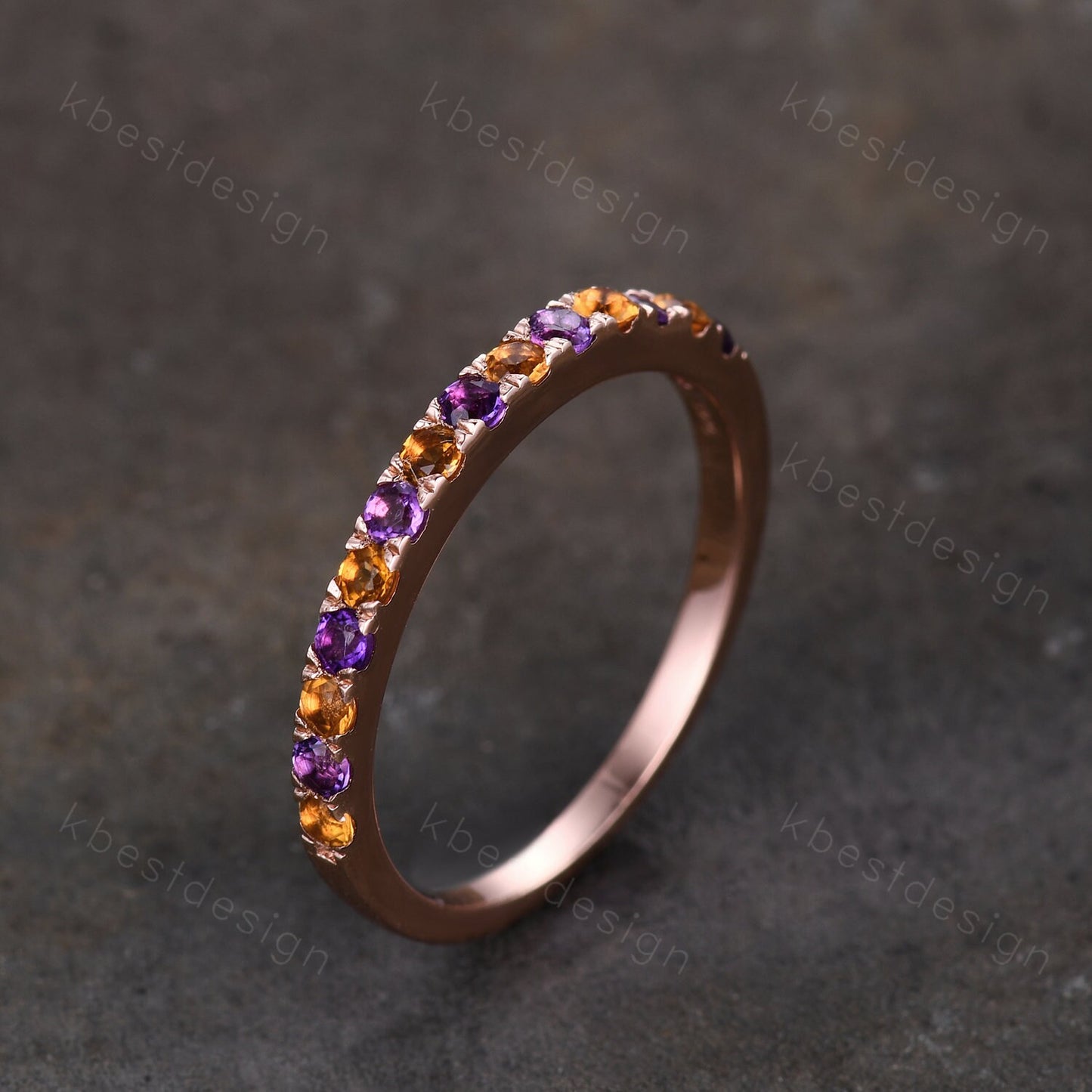 Half Eternity Amethyst Wedding Band 2mm Amethyst & Citrine Wedding Band Rose Gold Ring Dainty Stacking Band November Birthstone Ring