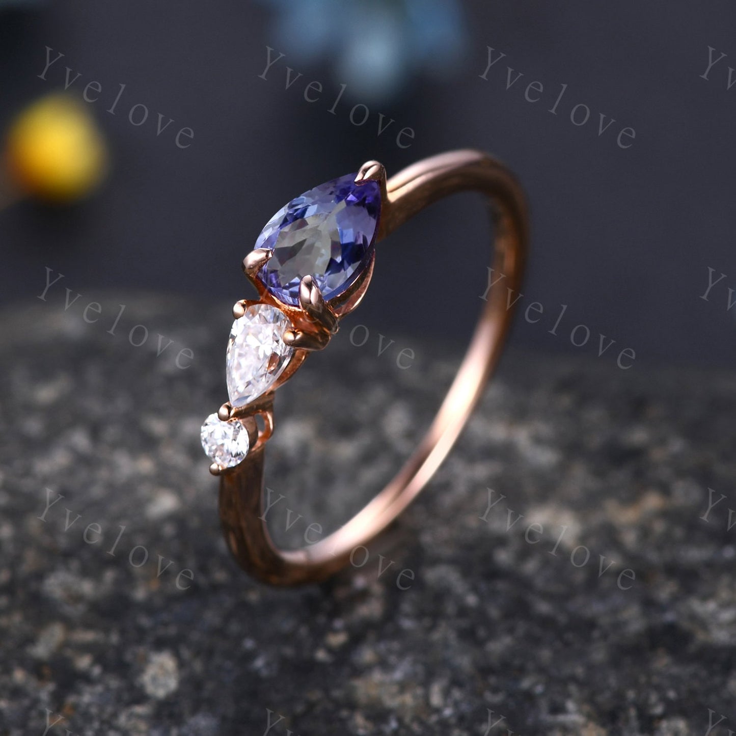 Vintage Tanzanite Ring Engagement Ring,Pear Cut Gems,Art Deco Moissanite Wedding Band,3 Stone Unique Women Bridal Promise Ring,Rose gold