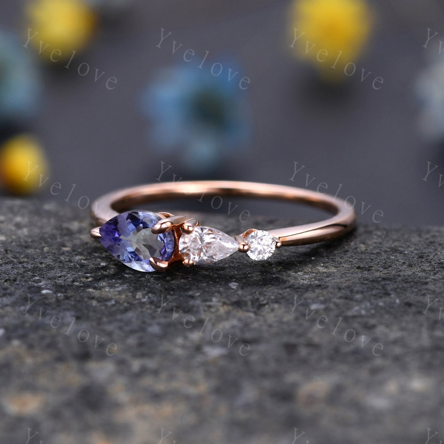 Vintage Tanzanite Ring Engagement Ring,Pear Cut Gems,Art Deco Moissanite Wedding Band,3 Stone Unique Women Bridal Promise Ring,Rose gold
