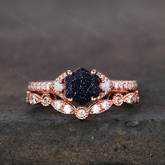 Vintage hexagon cut blue sandstone engagement ring set rose gold rings art deco curved wedding band opal ring Unique bridal set Promise ring