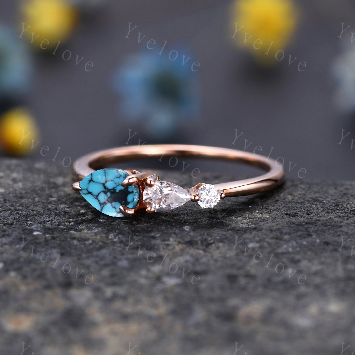 Vintage Turquoise Ring Engagement Ring,Pear Cut Gems,Art Deco Moissanite Wedding Band,3 Stone Unique Women Bridal Promise Ring,Rose gold