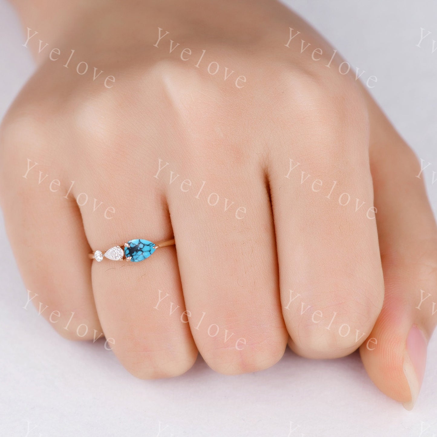 Vintage Turquoise Ring Engagement Ring,Pear Cut Gems,Art Deco Moissanite Wedding Band,3 Stone Unique Women Bridal Promise Ring,Rose gold