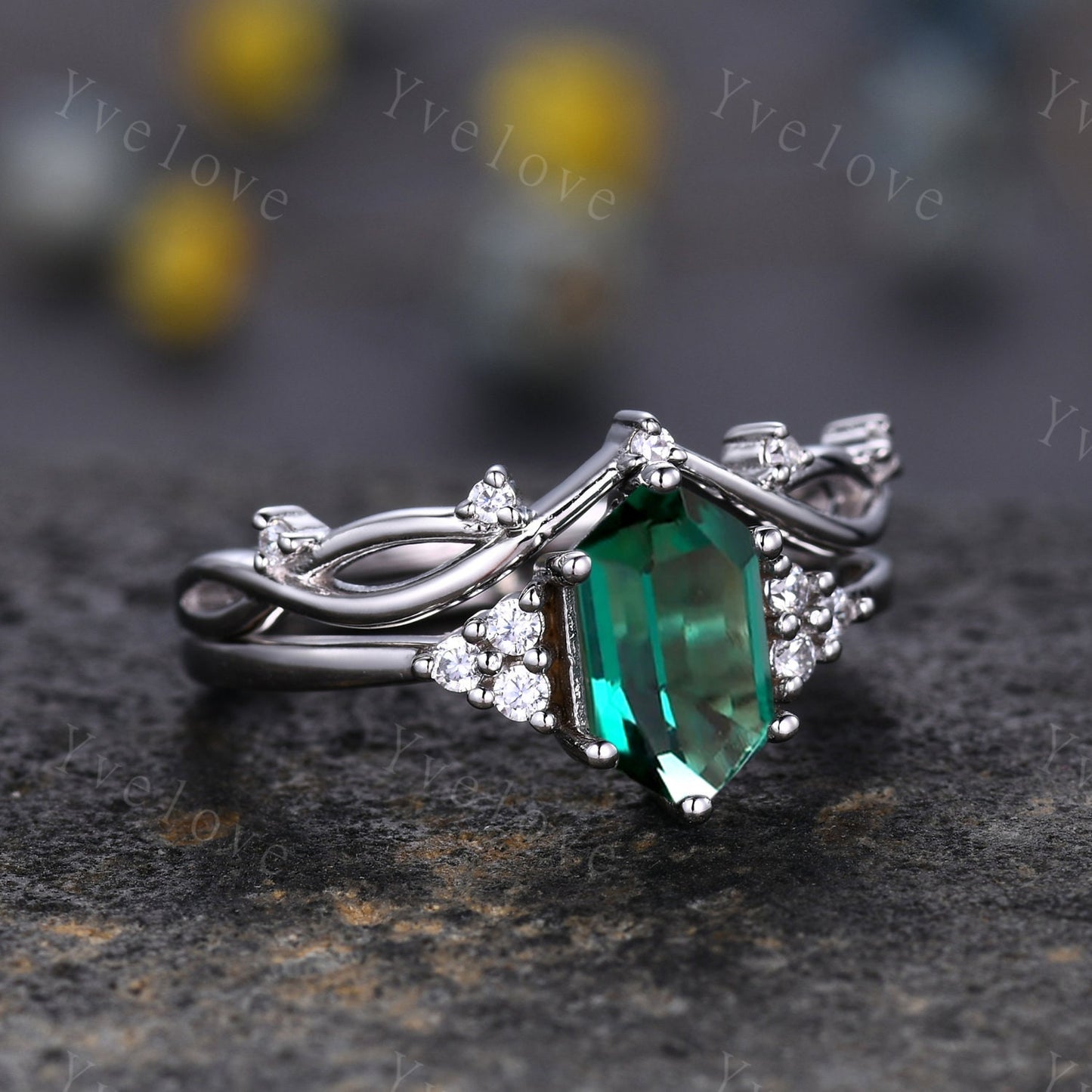 Retro Long hexagon Emerald Ring,Vintage Sterling Silver Ring Set,Unique Emerald Engagement Ring,Promise Ring,Anniversary Ring Gift For Her