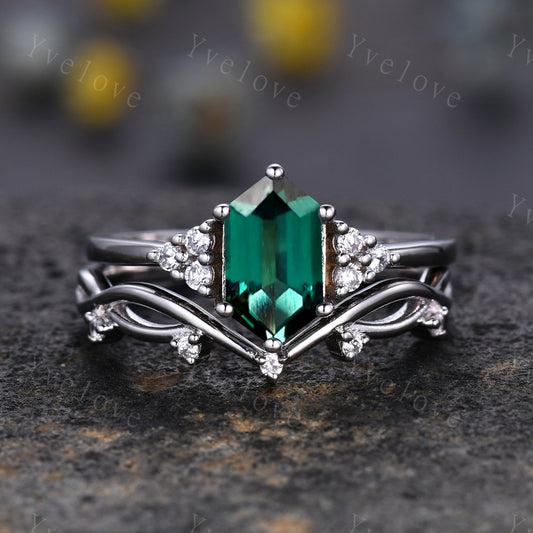 Retro Long hexagon Emerald Ring,Vintage Sterling Silver Ring Set,Unique Emerald Engagement Ring,Promise Ring,Anniversary Ring Gift For Her