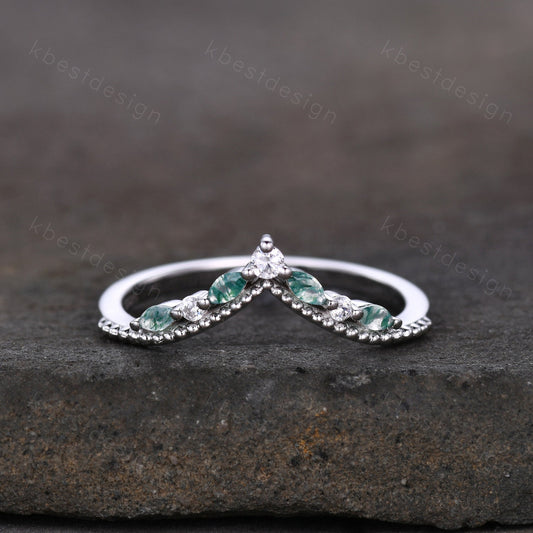Curved Moss Agate wedding band sterling silver wedding band Unique art deco moissanite stacking band Anniversary ring Women gift