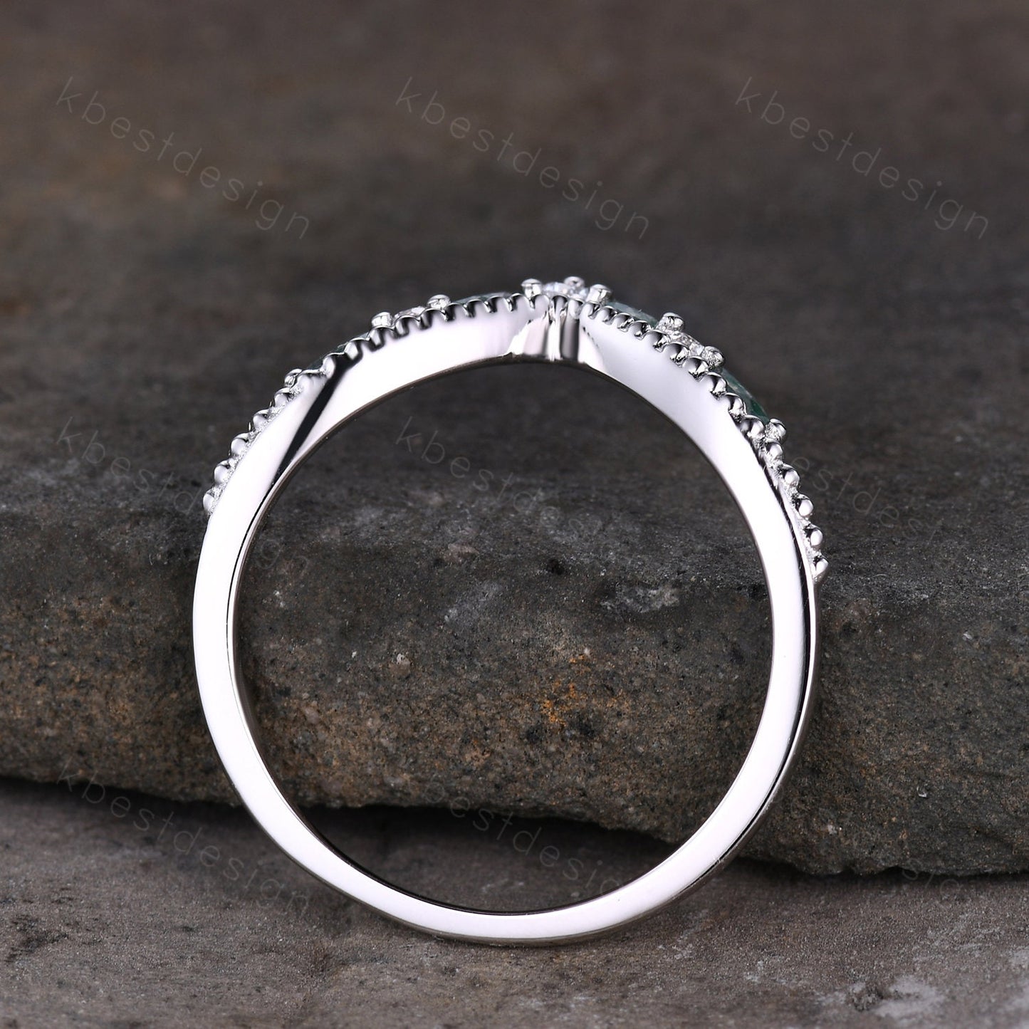 Curved Moss Agate wedding band sterling silver wedding band Unique art deco moissanite stacking band Anniversary ring Women gift