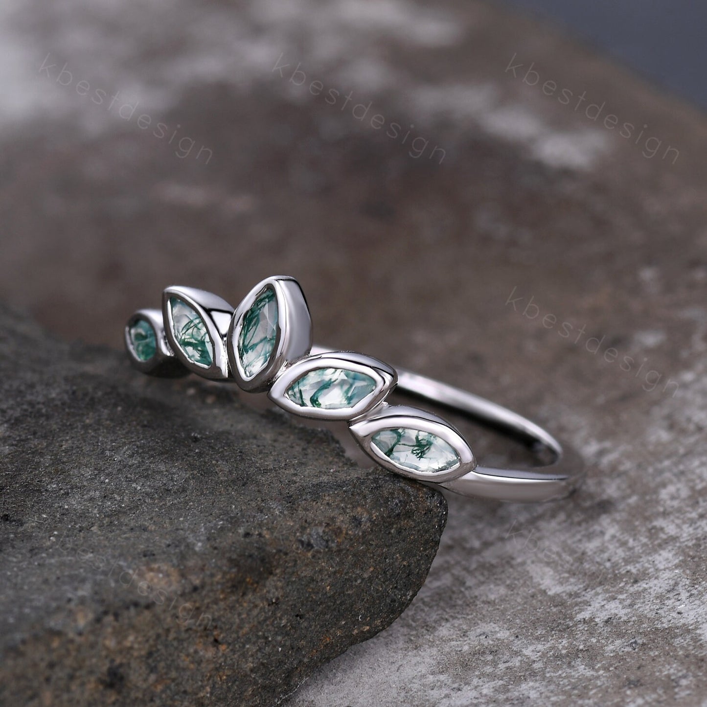 Unique marquise cut Moss Agate wedding band vintage White gold wedding band  bezel set band Unique Bridal Stacking Promise gift for women