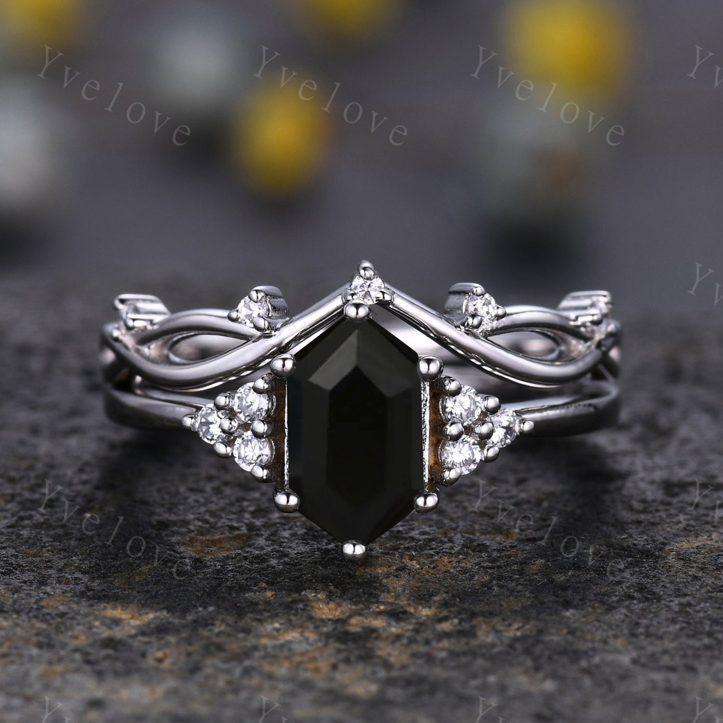 Retro hexagon Black Onyx Ring,Vintage Sterling Silver Ring Set,Unique Black Onyx Engagement Ring,Promise Ring,Anniversary Ring Gift For Her