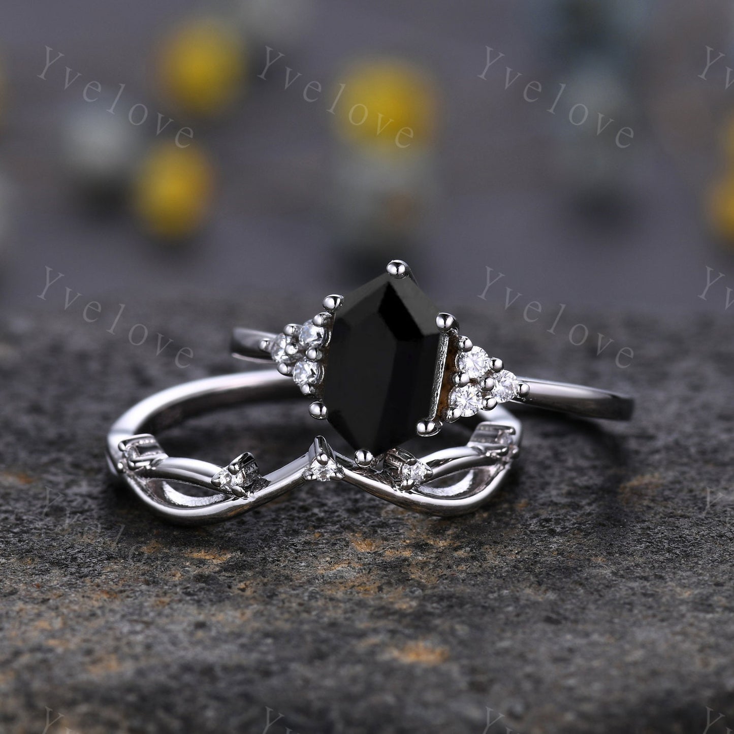 Retro hexagon Black Onyx Ring,Vintage Sterling Silver Ring Set,Unique Black Onyx Engagement Ring,Promise Ring,Anniversary Ring Gift For Her