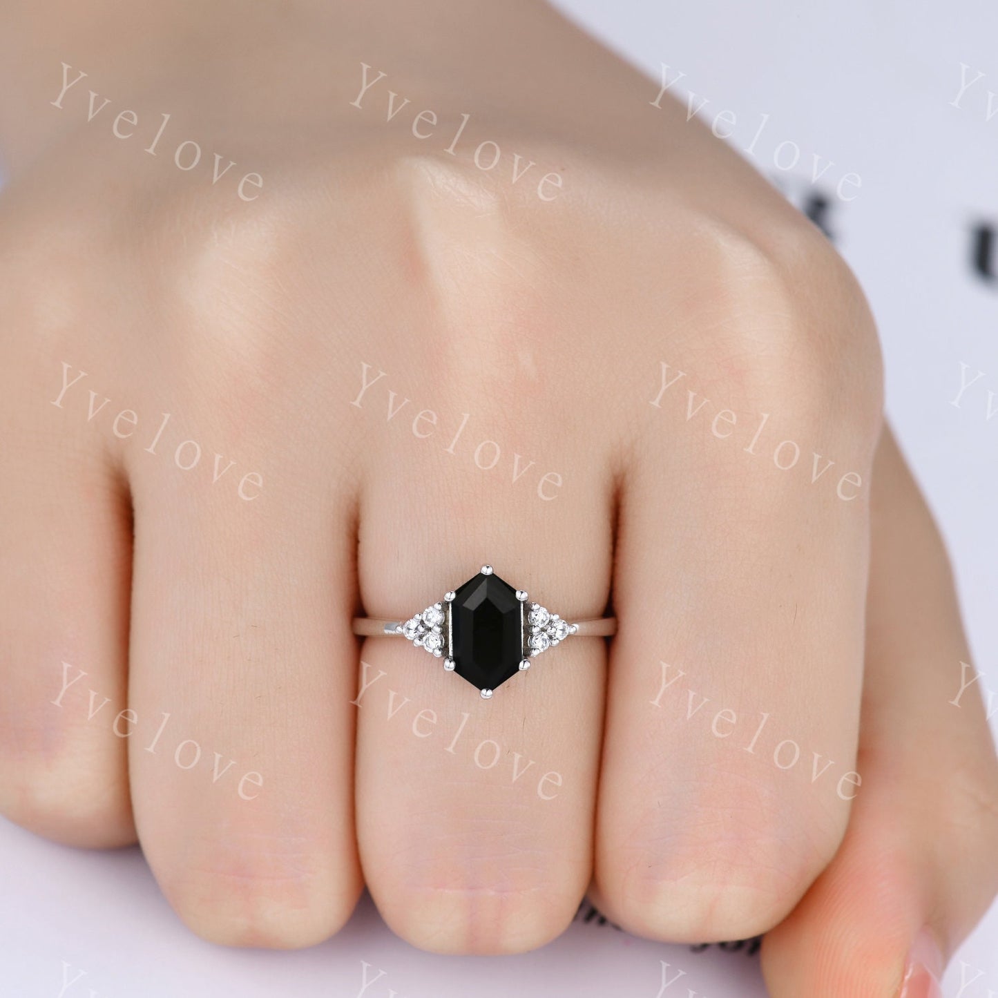 Retro hexagon Black Onyx Ring,Vintage Sterling Silver Ring Set,Unique Black Onyx Engagement Ring,Promise Ring,Anniversary Ring Gift For Her