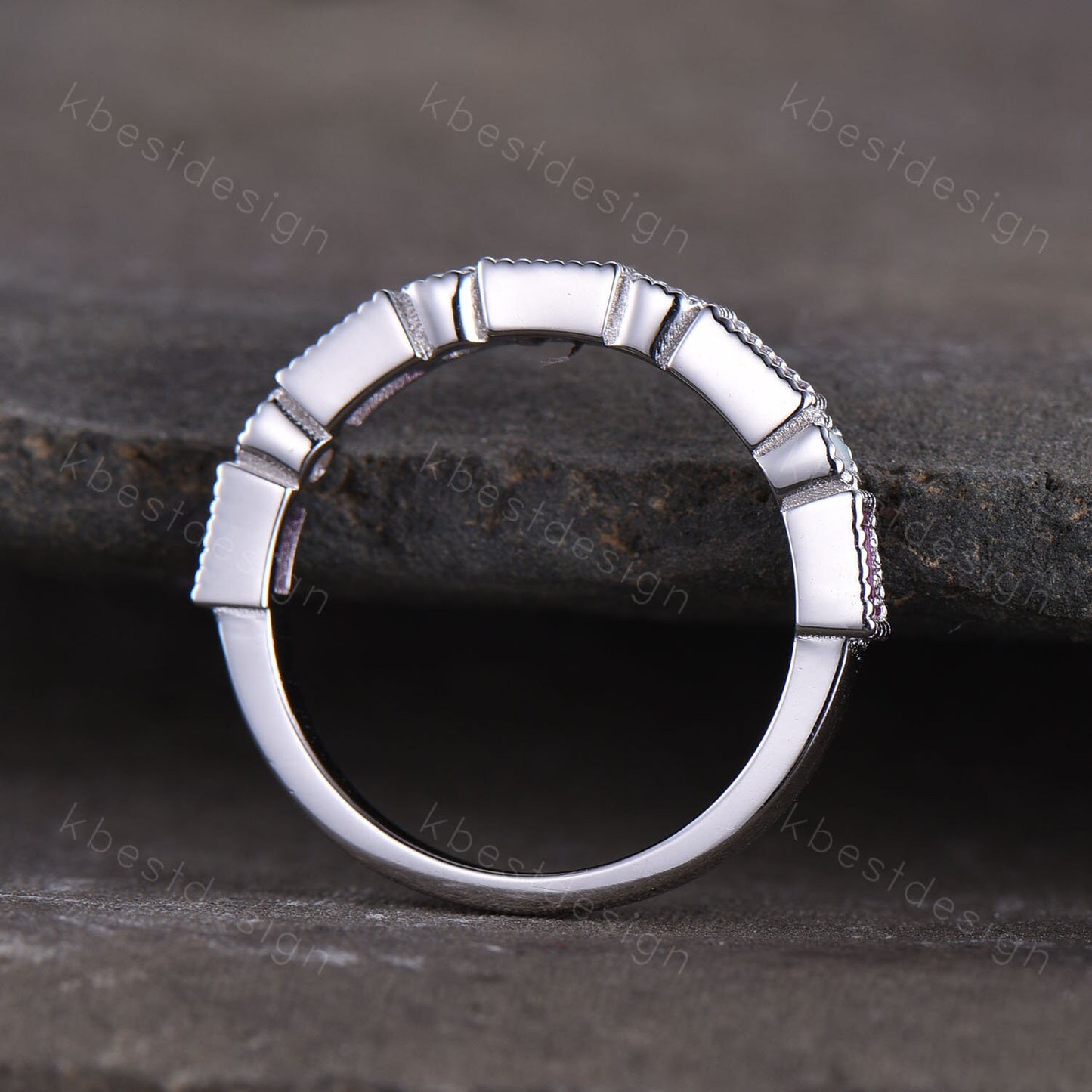 Ruby Opal Wedding Band Half Eternity Baguette Band Art Deco Stacking Wedding Ring Anniversary Ring Sterling Silver Ring July Birthstone Ring