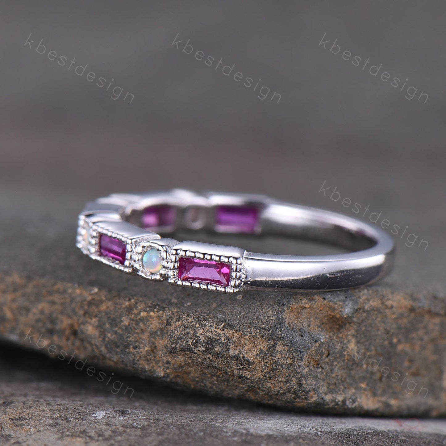 Ruby Opal Wedding Band Half Eternity Baguette Band Art Deco Stacking Wedding Ring Anniversary Ring Sterling Silver Ring July Birthstone Ring