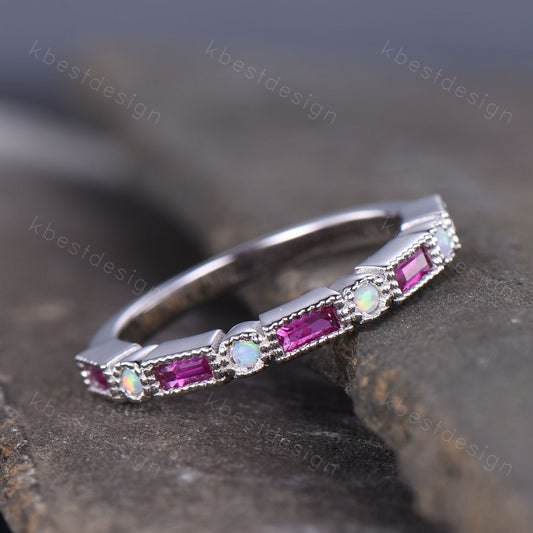 Ruby Opal Wedding Band Half Eternity Baguette Band Art Deco Stacking Wedding Ring Anniversary Ring Sterling Silver Ring July Birthstone Ring